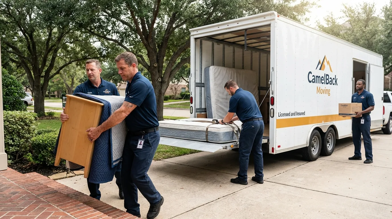 Crew loading residential truck for cross-state move from Hewitt, TX