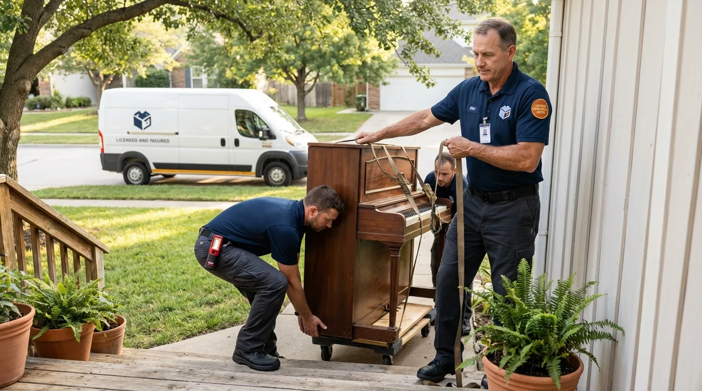 Licensed piano movers securing grand piano in Hewitt, TX