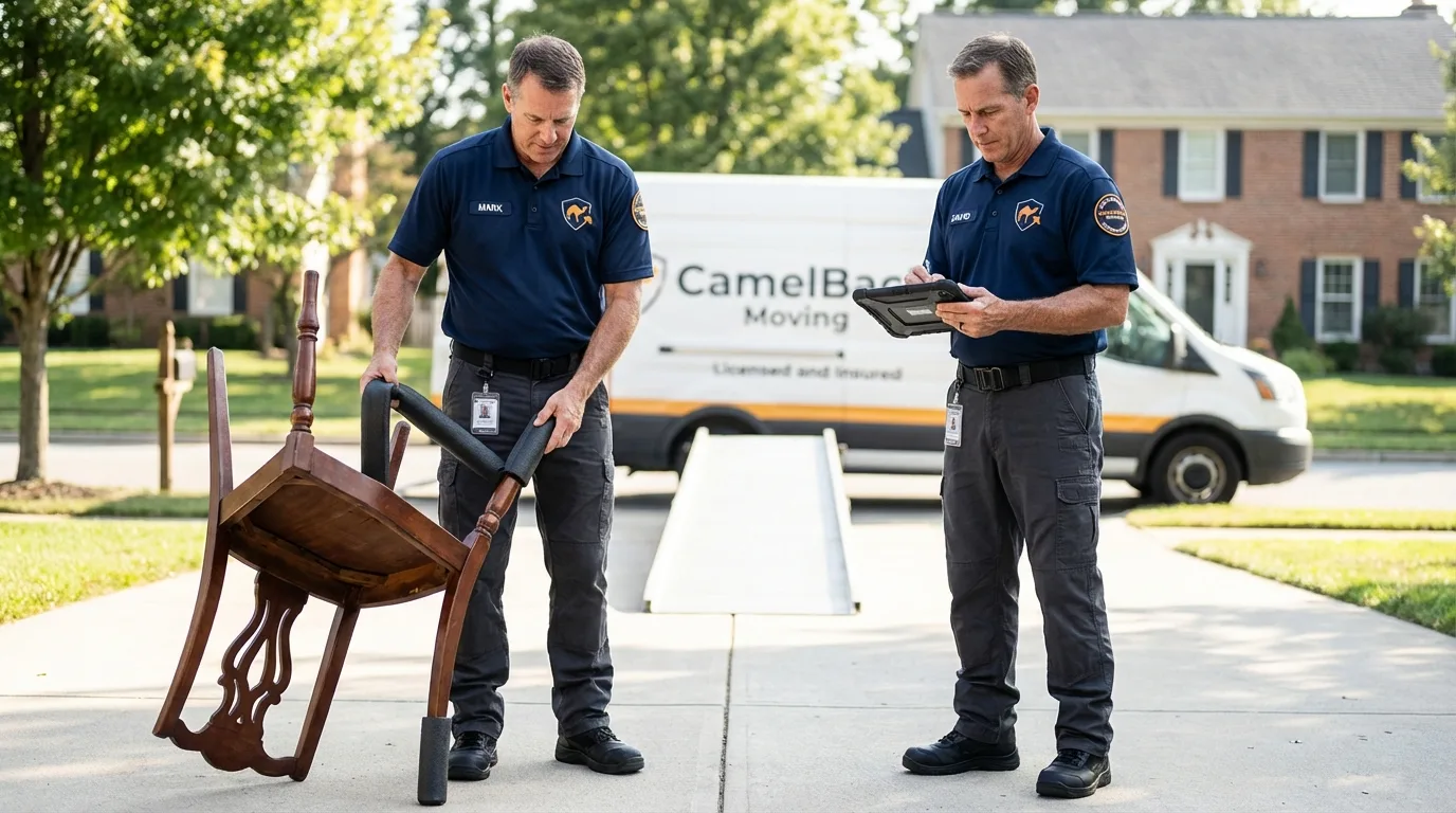 Movers inspecting furniture for damage prevention before loading in Hewitt, TX