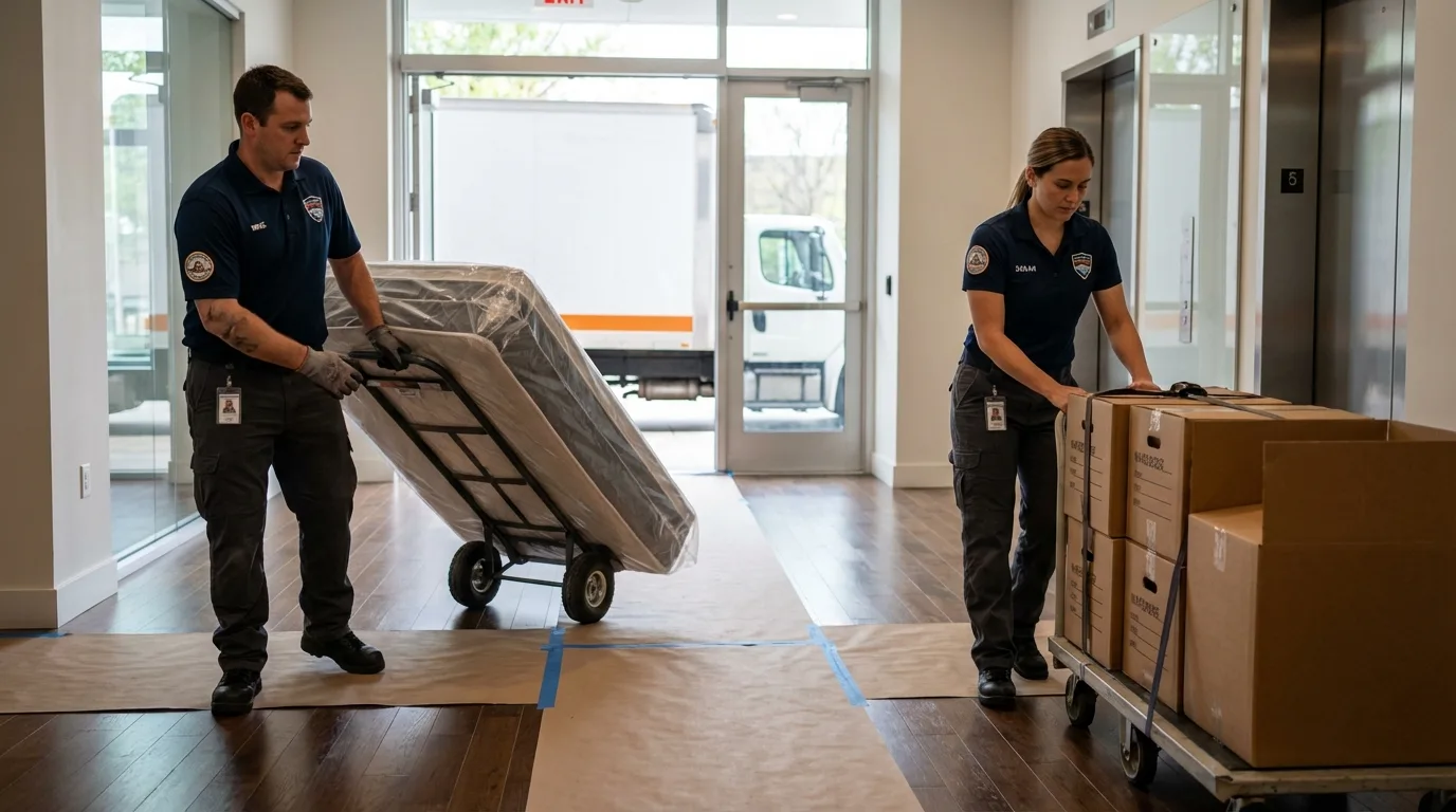 Professional apartment movers loading elevator in Hewitt, TX